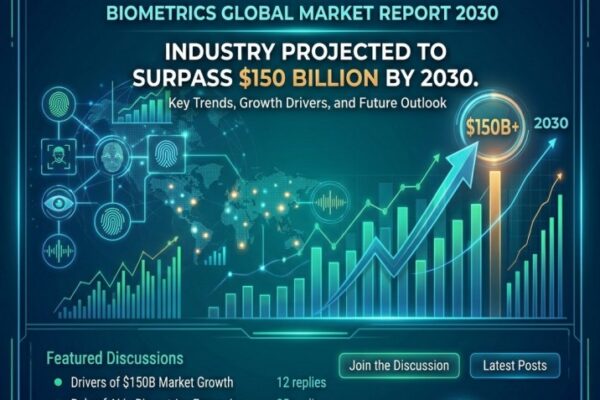 An infographic by Cams Biometrics titled "Biometrics Global Market Report 2030," showing a rising bar chart and line graph projecting the industry to surpass $150 billion by 2030, set against a futuristic digital world map.