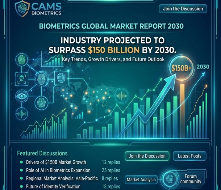 An infographic by Cams Biometrics titled "Biometrics Global Market Report 2030," showing a rising bar chart and line graph projecting the industry to surpass $150 billion by 2030, set against a futuristic digital world map.