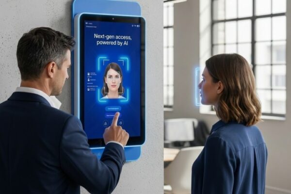 A close-up view of the Cams Biometrics Hawking F38+ biometric gateway device, highlighting its facial recognition sensors, fingerprint scanner, and the "Attendance That Keeps Up" messaging on a vibrant display.