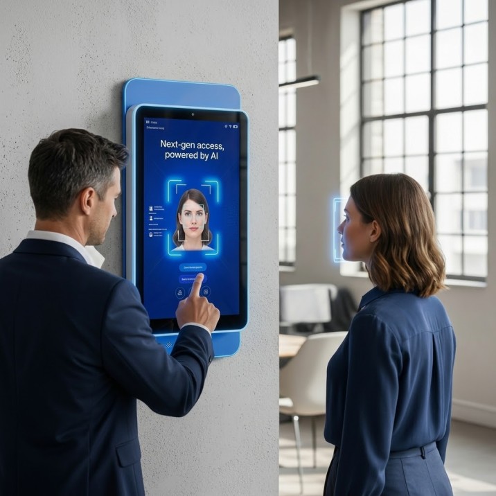 A close-up view of the Cams Biometrics Hawking F38+ biometric gateway device, highlighting its facial recognition sensors, fingerprint scanner, and the "Attendance That Keeps Up" messaging on a vibrant display.