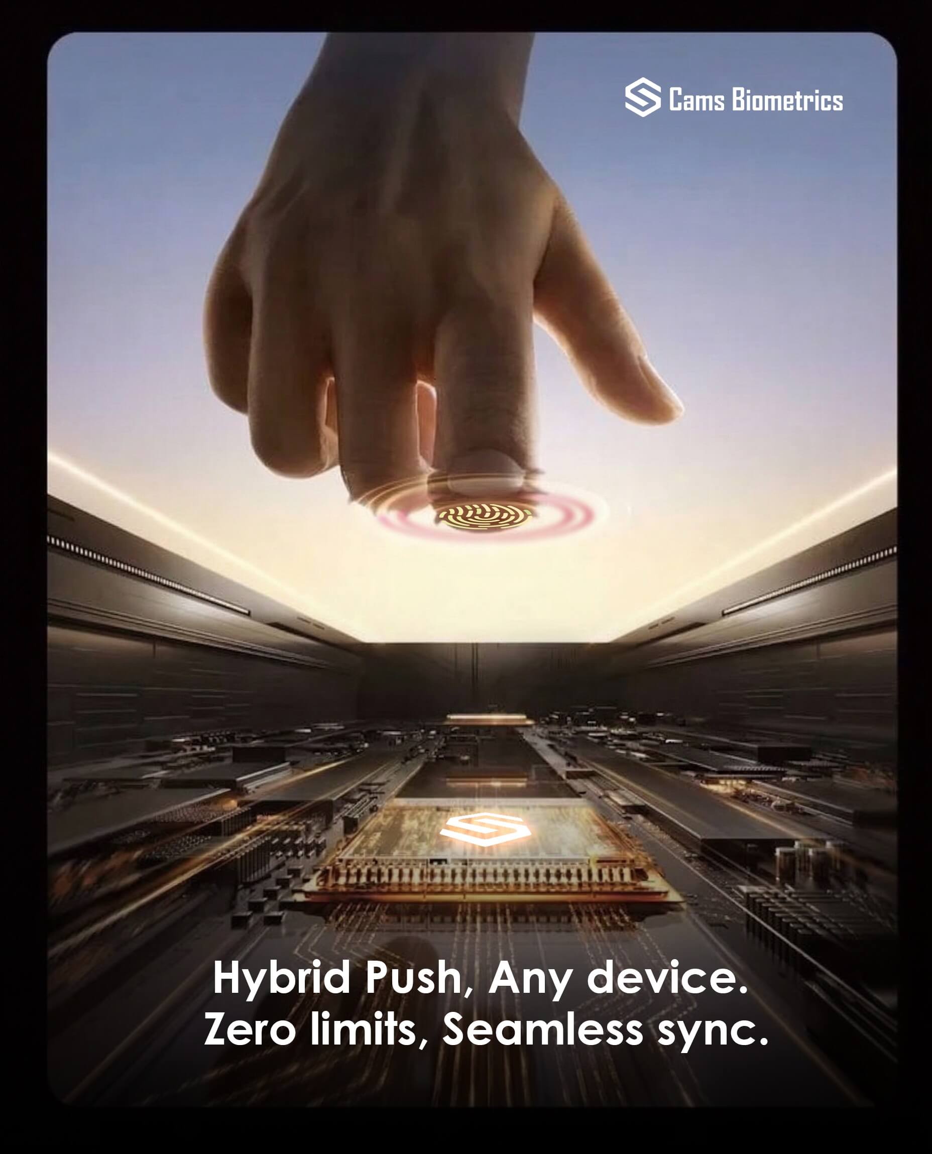 Split visual showing fragmented biometric devices (fingerprint, face, RFID, mixed brands) on one side with integration issues, and a unified system on the other powered by a biometric gateway and Hybrid Push, enabling real-time, seamless ERP connectivity across all devices.