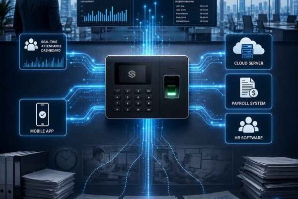A biometric fingerprint attendance terminal connected to a smart cloud-based system showing real-time attendance dashboard, payroll sync, HR software, and mobile access, all without hardware replacement, corporate tech illustration in navy blue and white