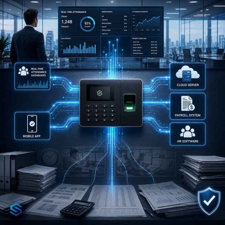 A biometric fingerprint attendance terminal connected to a smart cloud-based system showing real-time attendance dashboard, payroll sync, HR software, and mobile access, all without hardware replacement, corporate tech illustration in navy blue and white