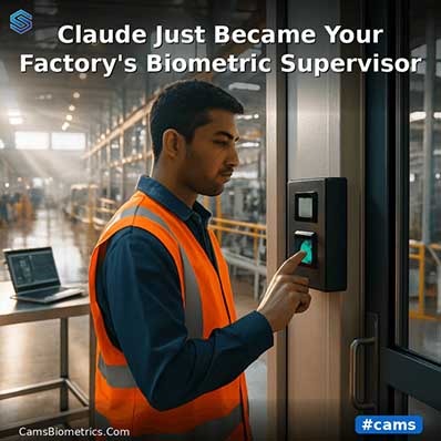 A factory worker in an orange safety vest scanning his fingerprint on a Cams Biometrics wall-mounted biometric terminal at a factory entrance, with a laptop displaying a live attendance dashboard visible in the background