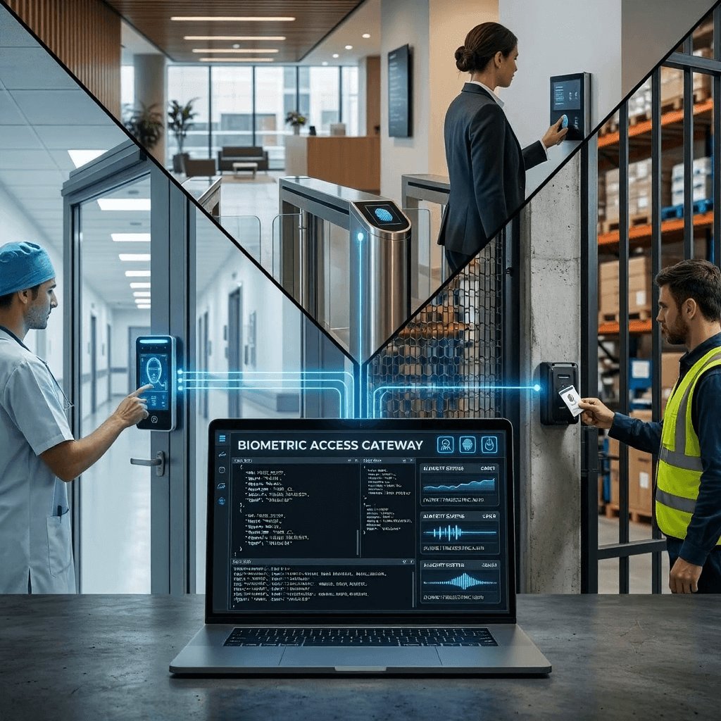 Biometric access control gateway connecting fingerprint, facial recognition, and access devices across industries