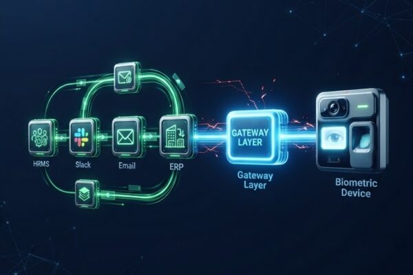 A futuristic technology diagram shows HRMS, Slack, Email, and ERP systems connected through glowing green data pathways to a central blue “Gateway Layer.” The gateway connects onward to a futuristic biometric device displaying facial-recognition and fingerprint-scanning interfaces. The dark navy background features subtle digital network lines and illuminated nodes, emphasizing secure enterprise system integration with biometric authentication.