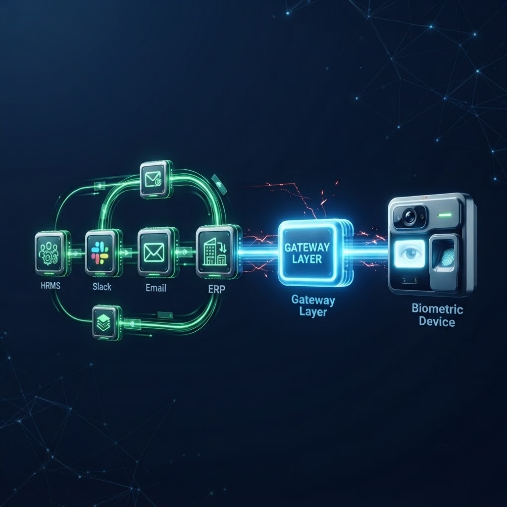 A futuristic technology diagram shows HRMS, Slack, Email, and ERP systems connected through glowing green data pathways to a central blue “Gateway Layer.” The gateway connects onward to a futuristic biometric device displaying facial-recognition and fingerprint-scanning interfaces. The dark navy background features subtle digital network lines and illuminated nodes, emphasizing secure enterprise system integration with biometric authentication.