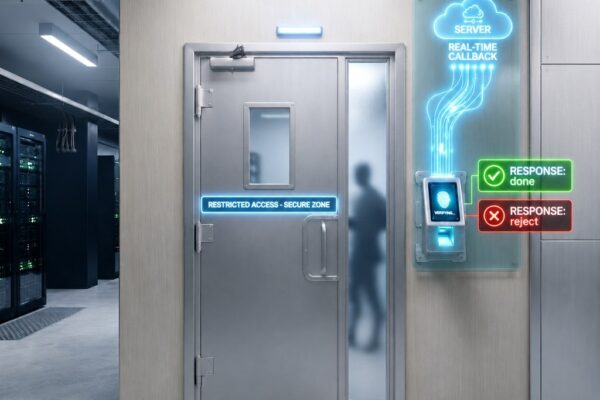 A close-up of a glowing electric blue biometric fingerprint reader mounted on a matte black wall, with a green pulse ring indicating a successful access verification