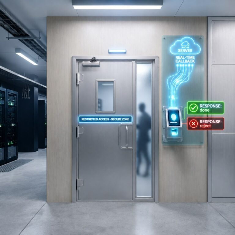 A close-up of a glowing electric blue biometric fingerprint reader mounted on a matte black wall, with a green pulse ring indicating a successful access verification