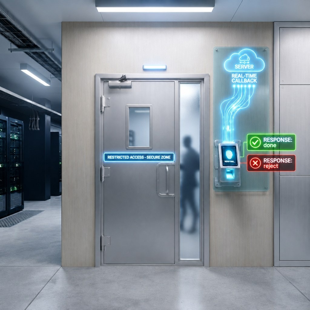 A close-up of a glowing electric blue biometric fingerprint reader mounted on a matte black wall, with a green pulse ring indicating a successful access verification