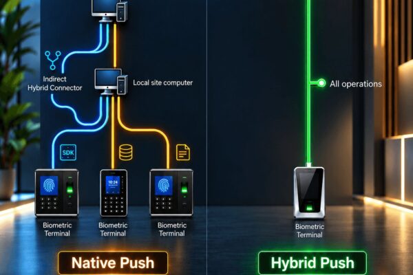 Diagram comparing Native Push and Hybrid Push modes for biometric attendance terminals connecting to a cloud gateway