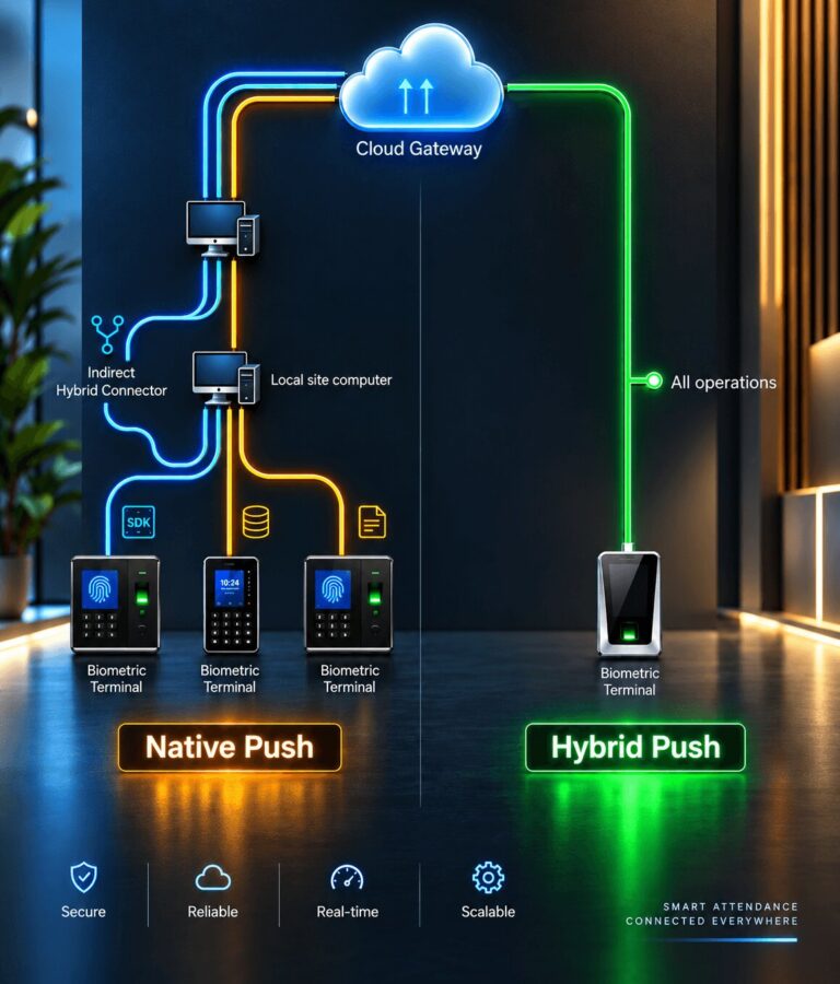 Diagram comparing Native Push and Hybrid Push modes for biometric attendance terminals connecting to a cloud gateway
