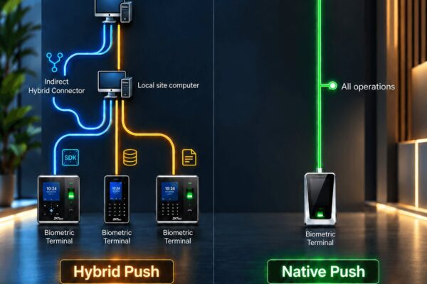 Diagram comparing Native Push and Hybrid Push modes for biometric attendance terminals connecting to a cloud gateway