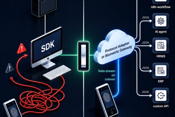 A technical diagram showing the architectural shift from a legacy SDK biometric connection to a modern Protocol Adapter serving multiple consumer systems through a single clean API
