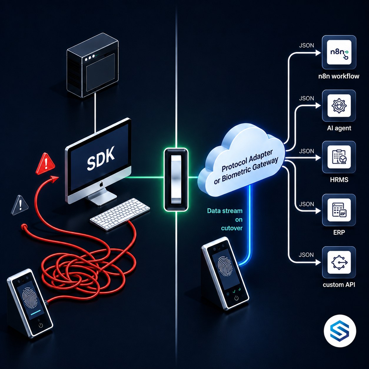 A technical diagram showing the architectural shift from a legacy SDK biometric connection to a modern Protocol Adapter serving multiple consumer systems through a single clean API