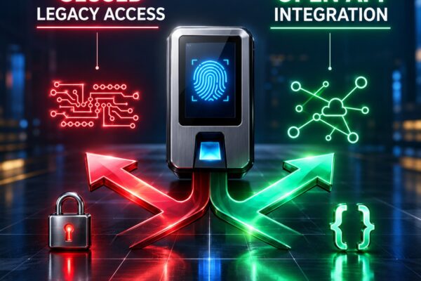 A biometric fingerprint and access control terminal with two forking arrows: a red arrow pointing toward a padlock and circuit pattern labeled Closed Legacy Access, and a green arrow pointing toward a JSON bracket symbol and network nodes labeled Open API Integration, on a dark futuristic background