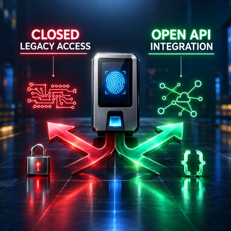 A biometric fingerprint and access control terminal with two forking arrows: a red arrow pointing toward a padlock and circuit pattern labeled Closed Legacy Access, and a green arrow pointing toward a JSON bracket symbol and network nodes labeled Open API Integration, on a dark futuristic background