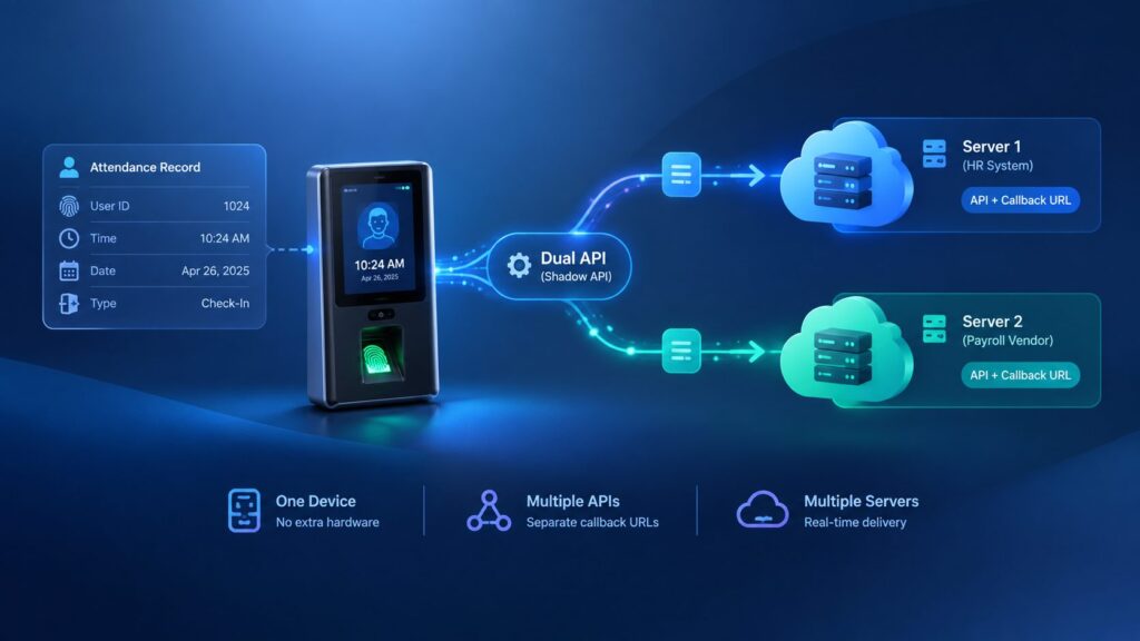 Biometric attendance device sending real-time attendance data through a dual API to two separate servers, an HR system and payroll vendor.