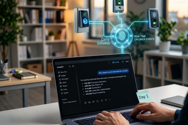 A laptop displaying real-time biometric attendance check-in data through Cams Gateway, connected to multiple fingerprint and facial recognition devices in a modern office.