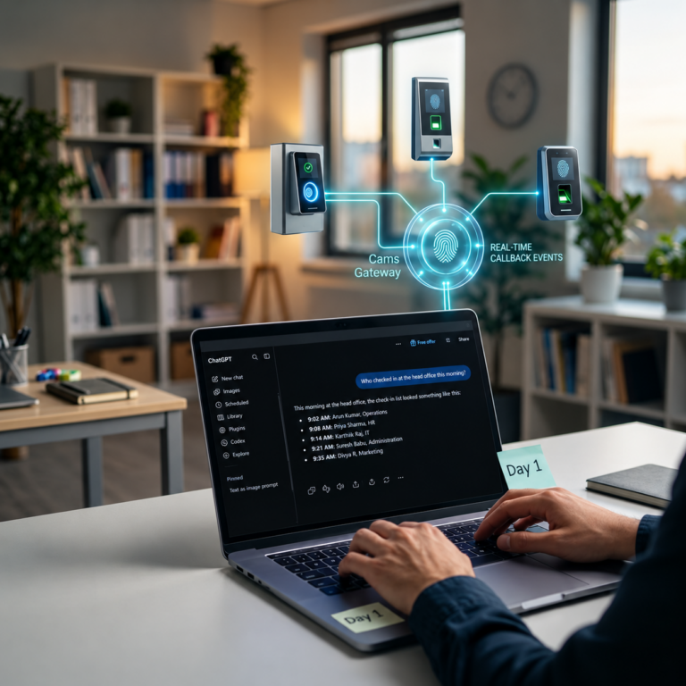 A laptop displaying real-time biometric attendance check-in data through Cams Gateway, connected to multiple fingerprint and facial recognition devices in a modern office.