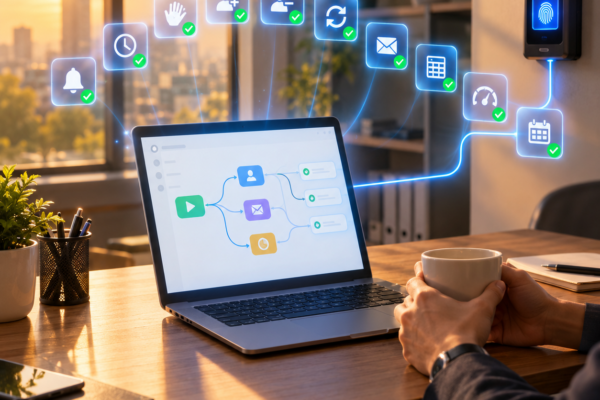 An HR professional relaxing with coffee at a desk in afternoon light while ten glowing automation icons float above a laptop connected to a biometric fingerprint terminal