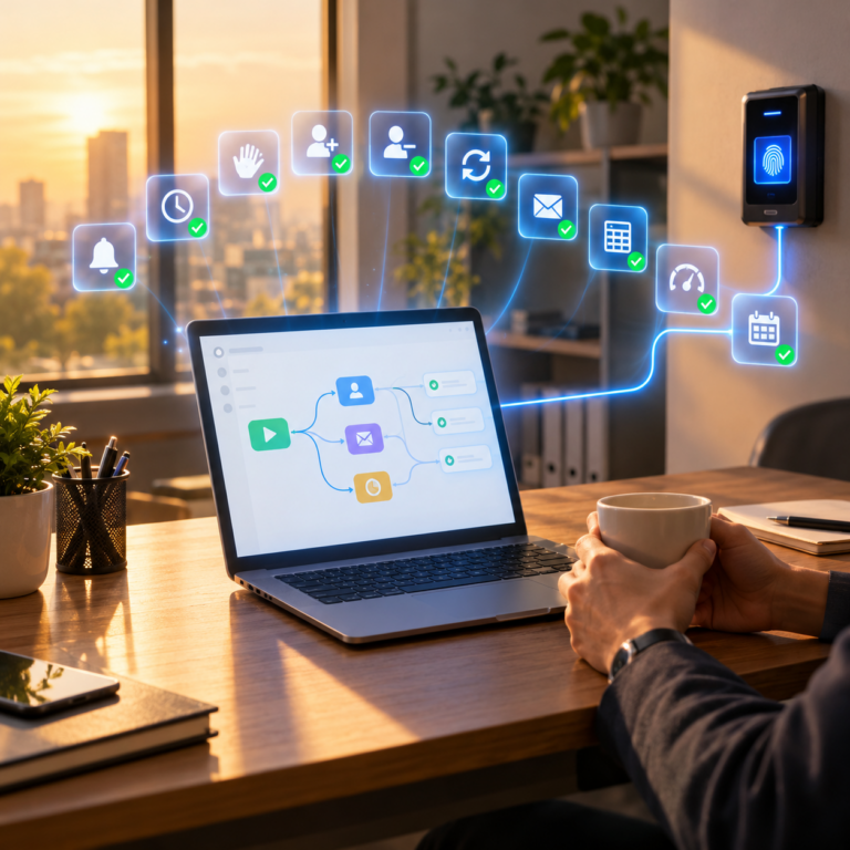 An HR professional relaxing with coffee at a desk in afternoon light while ten glowing automation icons float above a laptop connected to a biometric fingerprint terminal