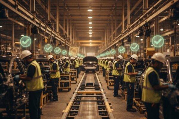 A long automotive assembly line viewed in perspective with workers in safety gear at their stations, each position marked with a glowing green biometric check-in indicator, and one station showing an amber alert indicating an understaffed position