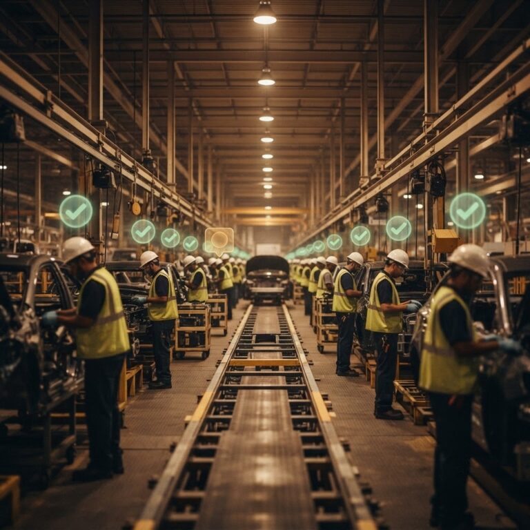 A long automotive assembly line viewed in perspective with workers in safety gear at their stations, each position marked with a glowing green biometric check-in indicator, and one station showing an amber alert indicating an understaffed position