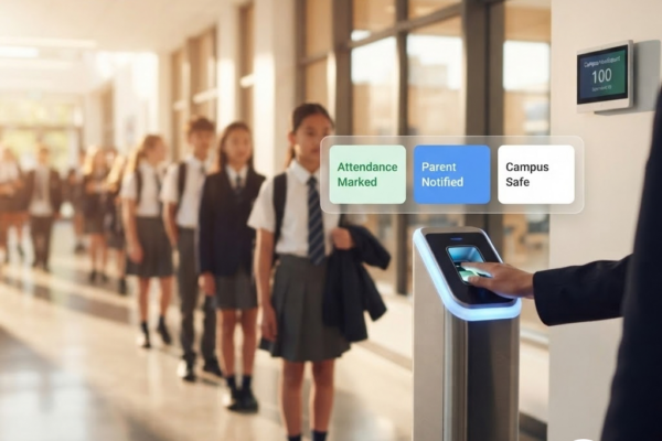 A school entrance corridor with students in uniform passing through a biometric fingerprint terminal mounted on a pillar, with floating status indicators showing Attendance Marked, Parent Notified, and Campus Safe above the glowing blue device