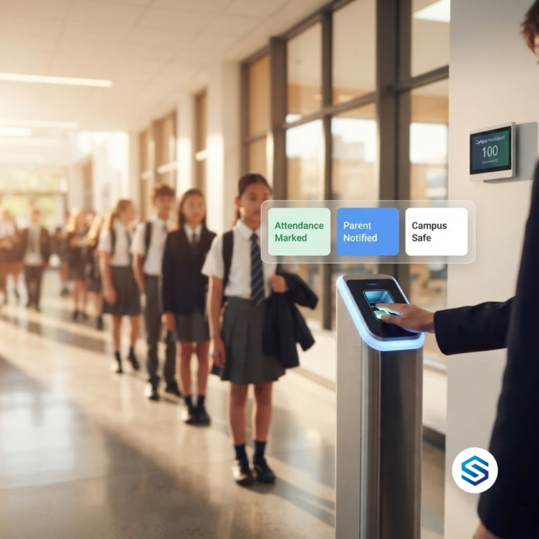 A school entrance corridor with students in uniform passing through a biometric fingerprint terminal mounted on a pillar, with floating status indicators showing Attendance Marked, Parent Notified, and Campus Safe above the glowing blue device
