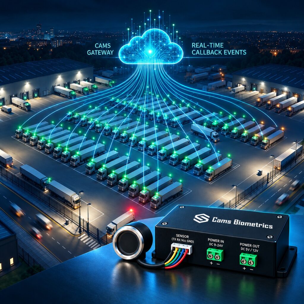 An aerial night view of a logistics depot with rows of trucks showing green verified biometric dots connected by glowing blue data lines to a Cams Gateway cloud node above, with a vehicle-mounted biometric fingerprint terminal in the foreground displaying real-time callback events