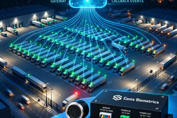 An aerial night view of a logistics depot with rows of trucks showing green verified biometric dots connected by glowing blue data lines to a Cams Gateway cloud node above, with a vehicle-mounted biometric fingerprint terminal in the foreground displaying real-time callback events