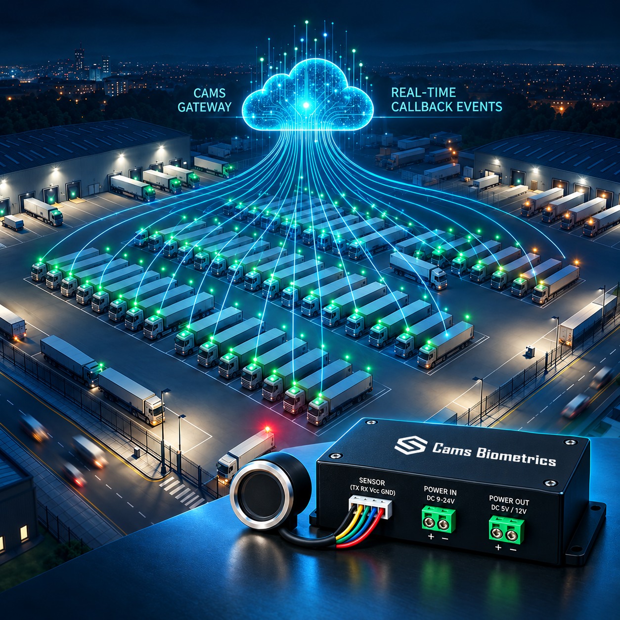 An aerial night view of a logistics depot with rows of trucks showing green verified biometric dots connected by glowing blue data lines to a Cams Gateway cloud node above, with a vehicle-mounted biometric fingerprint terminal in the foreground displaying real-time callback events