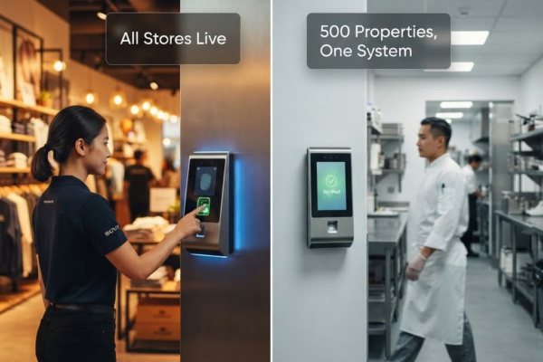 A split-screen image shows two environments using the same biometric system. On the left, a retail employee uses a fingerprint scanner, with a text overlay "All Stores Live." On the right, a chef in a kitchen walks past a facial recognition terminal showing "Verified," with a text overlay "500 Properties, One System."