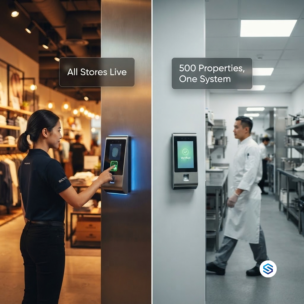 A split-screen image shows two environments using the same biometric system. On the left, a retail employee uses a fingerprint scanner, with a text overlay "All Stores Live." On the right, a chef in a kitchen walks past a facial recognition terminal showing "Verified," with a text overlay "500 Properties, One System."