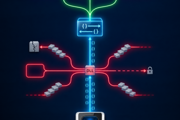 Biometric terminal sending a data stream past red dead-end SDK workaround paths, through an API gateway, and into three green branches leading to Make, Zapier, and n8n.