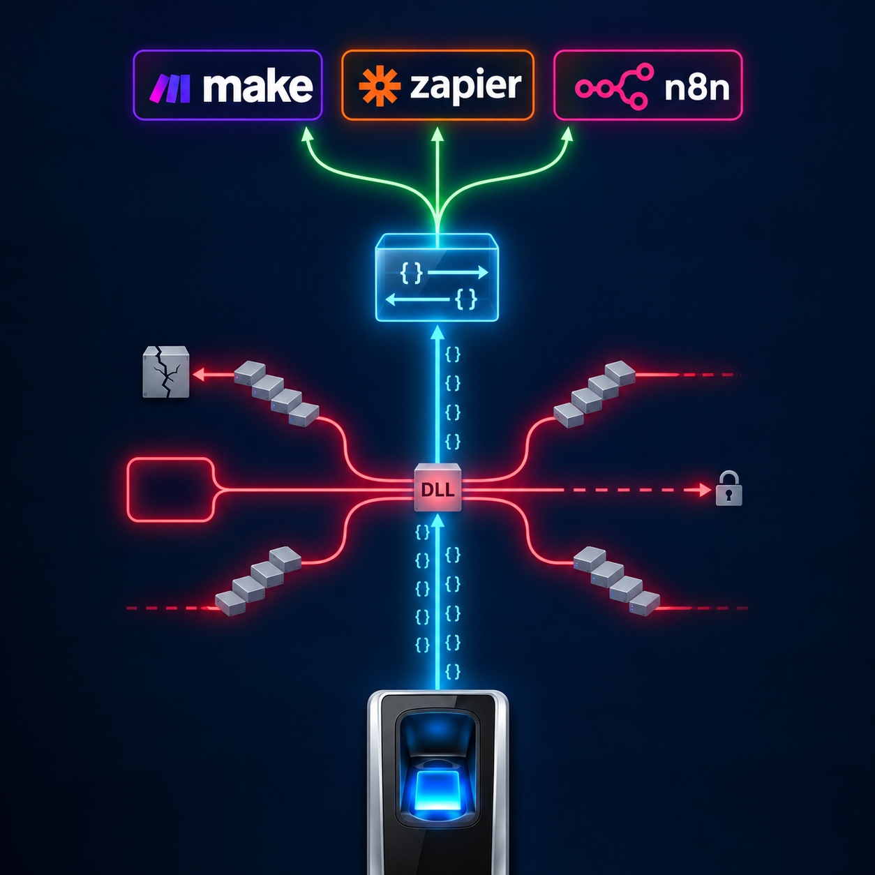 Biometric terminal sending a data stream past red dead-end SDK workaround paths, through an API gateway, and into three green branches leading to Make, Zapier, and n8n.