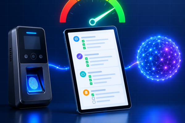 A biometric fingerprint terminal and a tablet checklist with green ticks below a readiness gauge pointing to green, connected to a glowing AI sphere