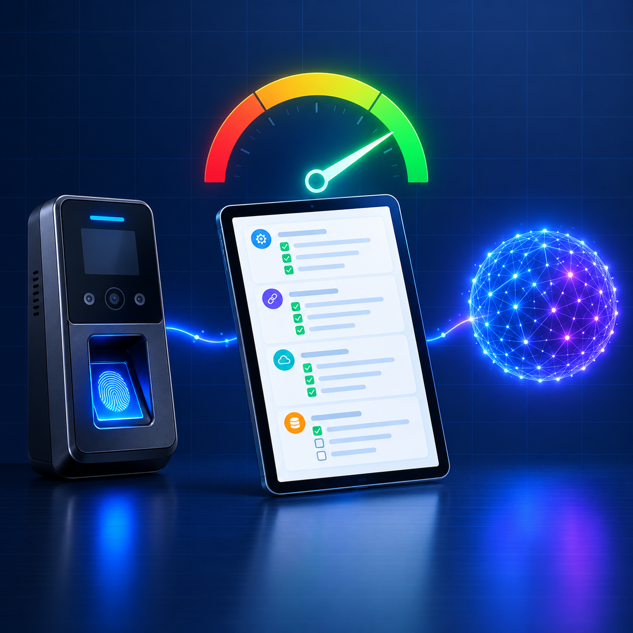 A biometric fingerprint terminal and a tablet checklist with green ticks below a readiness gauge pointing to green, connected to a glowing AI sphere