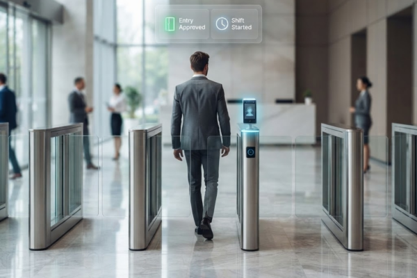 An employee walking through an office turnstile with a biometric face recognition terminal, showing Entry Approved and Shift Started cards from one scan
