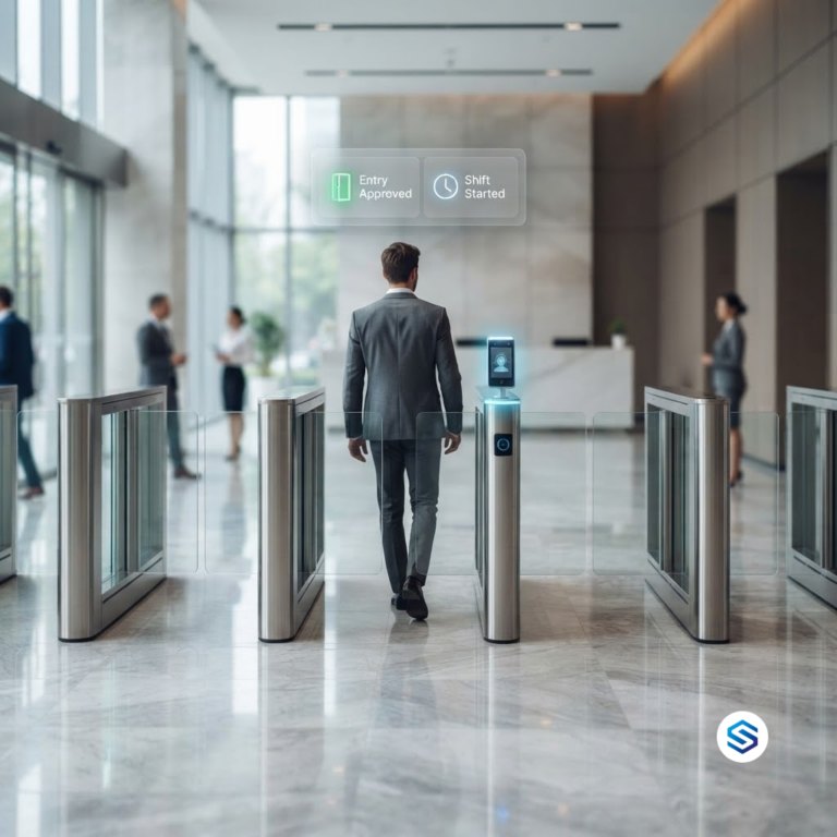 An employee walking through an office turnstile with a biometric face recognition terminal, showing Entry Approved and Shift Started cards from one scan