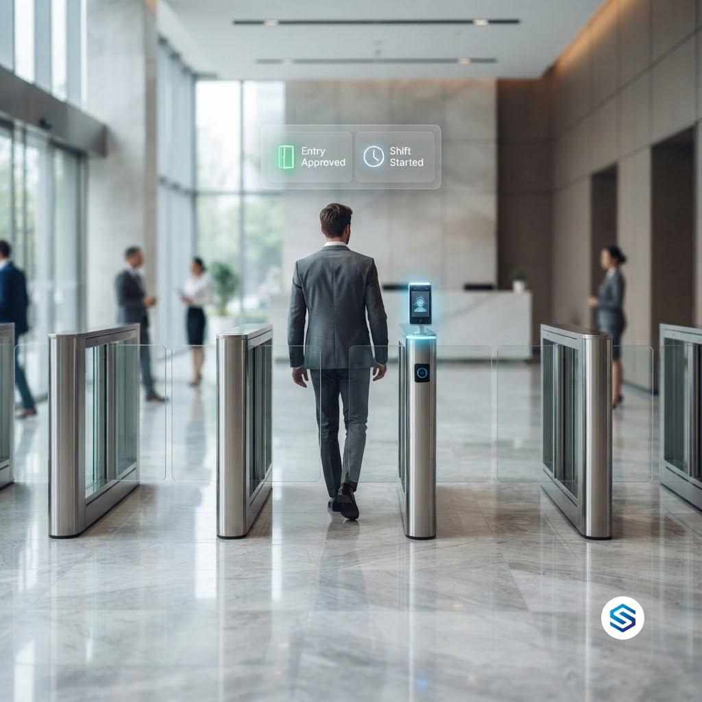 An employee walking through an office turnstile with a biometric face recognition terminal, showing Entry Approved and Shift Started cards from one scan