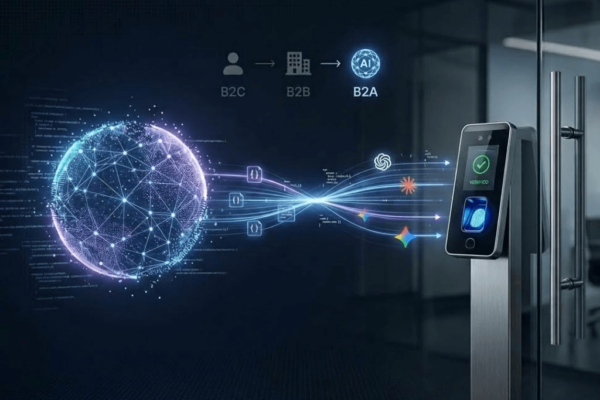 Glowing AI network globe sending JSON data streams past AI assistant icons to a biometric terminal at an office door, below a B2C to B2B to B2A progression.