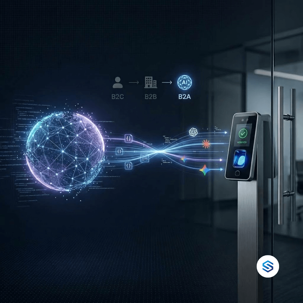 Glowing AI network globe sending JSON data streams past AI assistant icons to a biometric terminal at an office door, below a B2C to B2B to B2A progression.