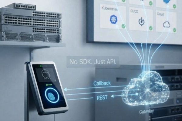 Biometric terminal in an operations room sending data through a gateway to a wall screen showing Linux, Mac, Docker, Kubernetes, CI/CD, and cloud, with an unplugged Windows PC in the background.