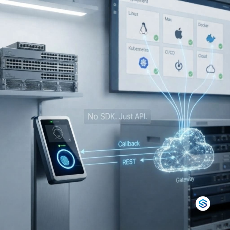 Biometric terminal in an operations room sending data through a gateway to a wall screen showing Linux, Mac, Docker, Kubernetes, CI/CD, and cloud, with an unplugged Windows PC in the background.