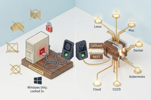 Split illustration of the same biometric terminal: on the left, locked to a Windows PC with a DLL chip; on the right, connected through a gateway to Linux, Mac, Docker, Kubernetes, CI/CD, and cloud.