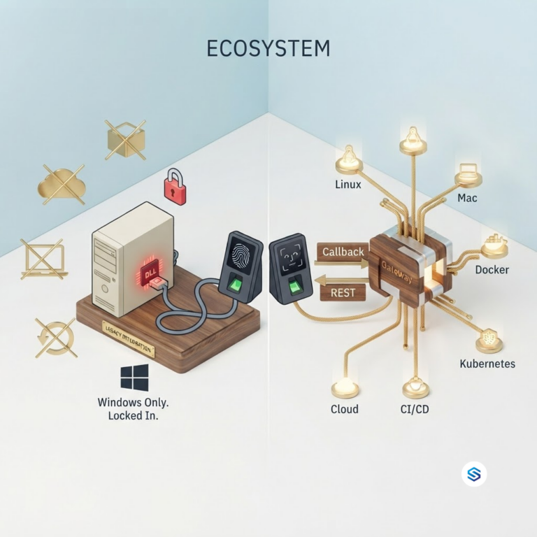 Split illustration of the same biometric terminal: on the left, locked to a Windows PC with a DLL chip; on the right, connected through a gateway to Linux, Mac, Docker, Kubernetes, CI/CD, and cloud.