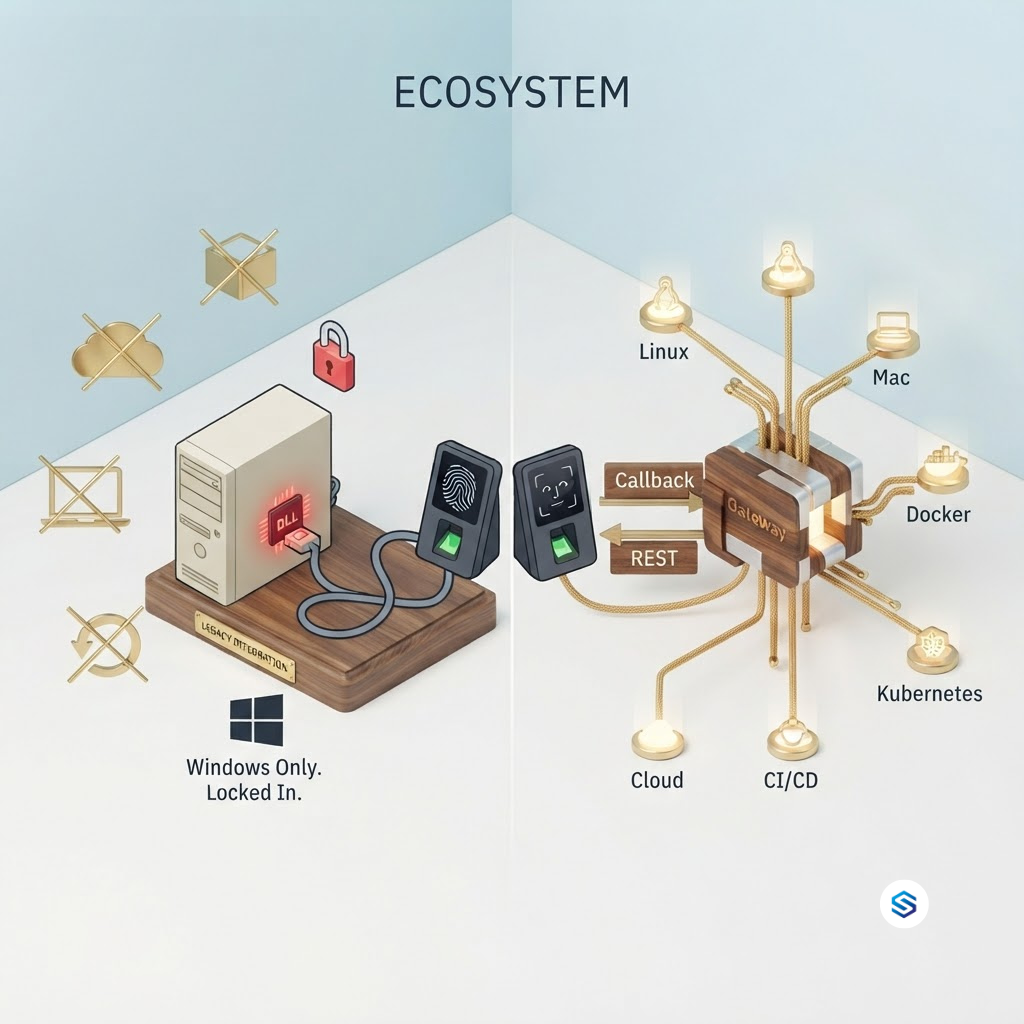 Split illustration of the same biometric terminal: on the left, locked to a Windows PC with a DLL chip; on the right, connected through a gateway to Linux, Mac, Docker, Kubernetes, CI/CD, and cloud.