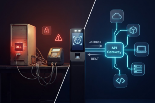 Comparison of a Windows-only biometric SDK on an old PC with a DLL chip versus a modern biometric terminal connected through an API gateway to cloud, container, laptop, and server systems.